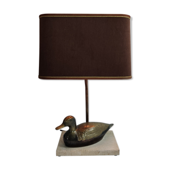 Vintage french brass duck on a travertine base table lamp, 1970s