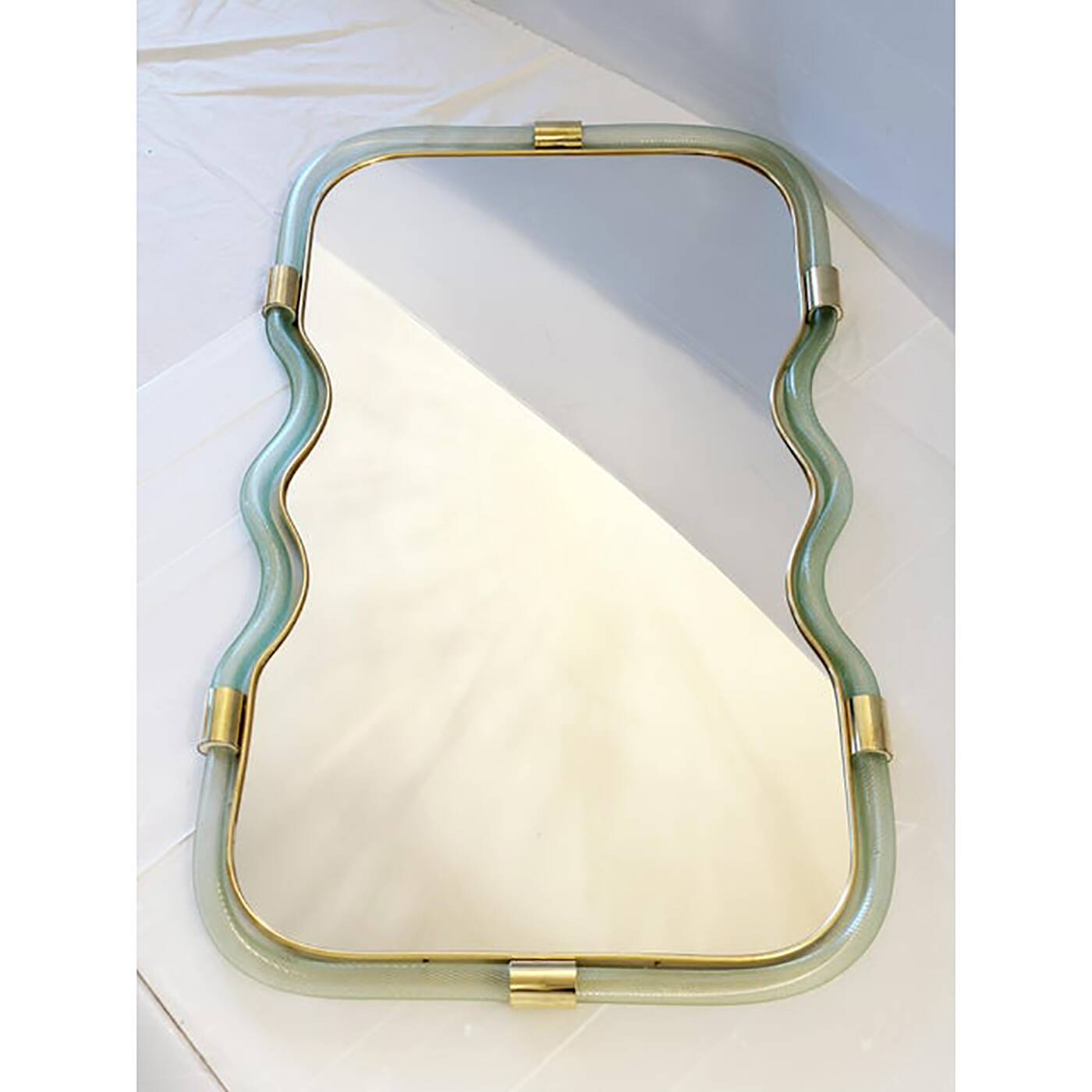 Contemporary Wave Mirror in Green and Gold "Torchon" Torciglione Murano Sty