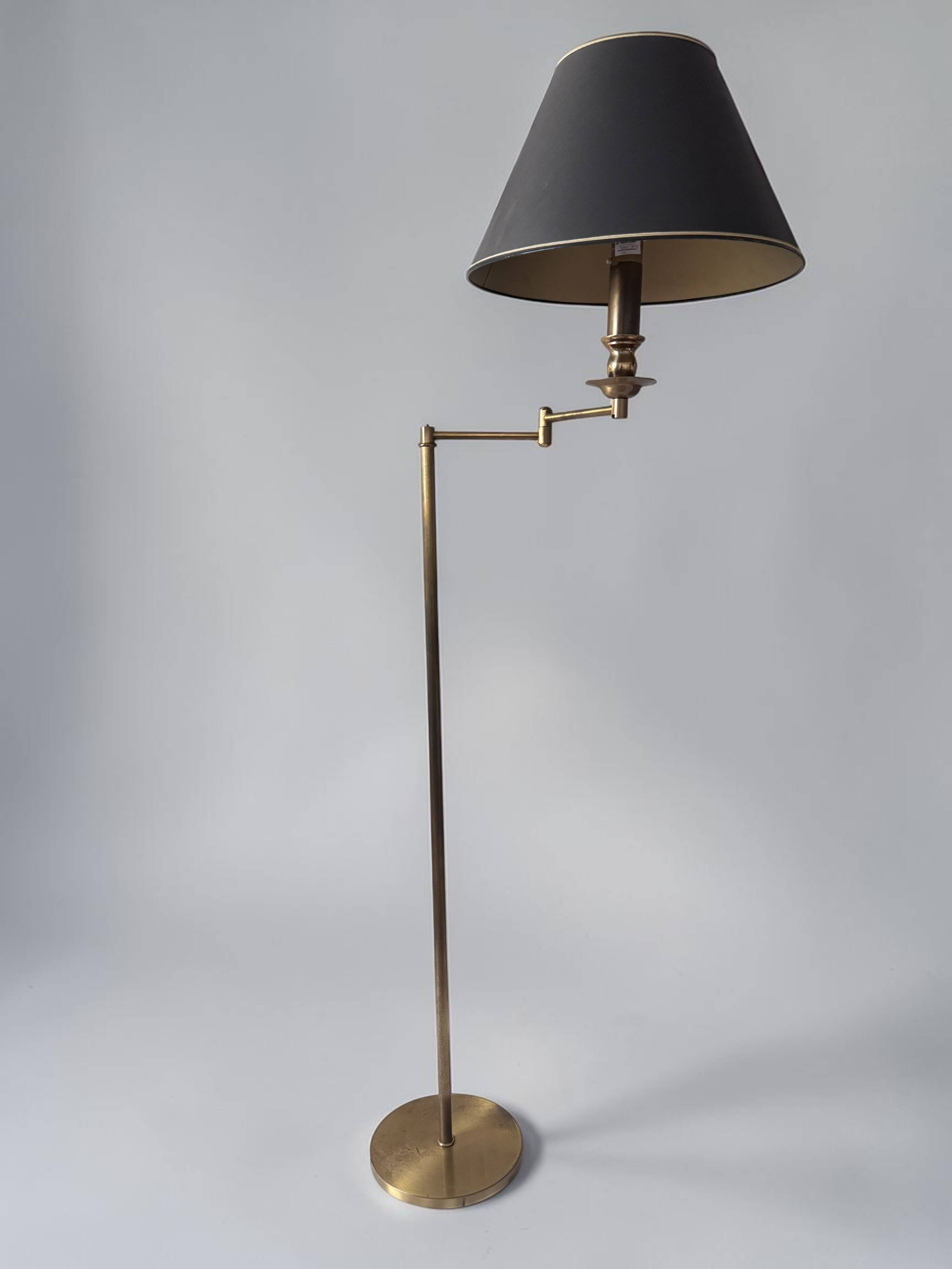 Brass reading floor lamp, adjustable arm, vintage anthracite shade.
