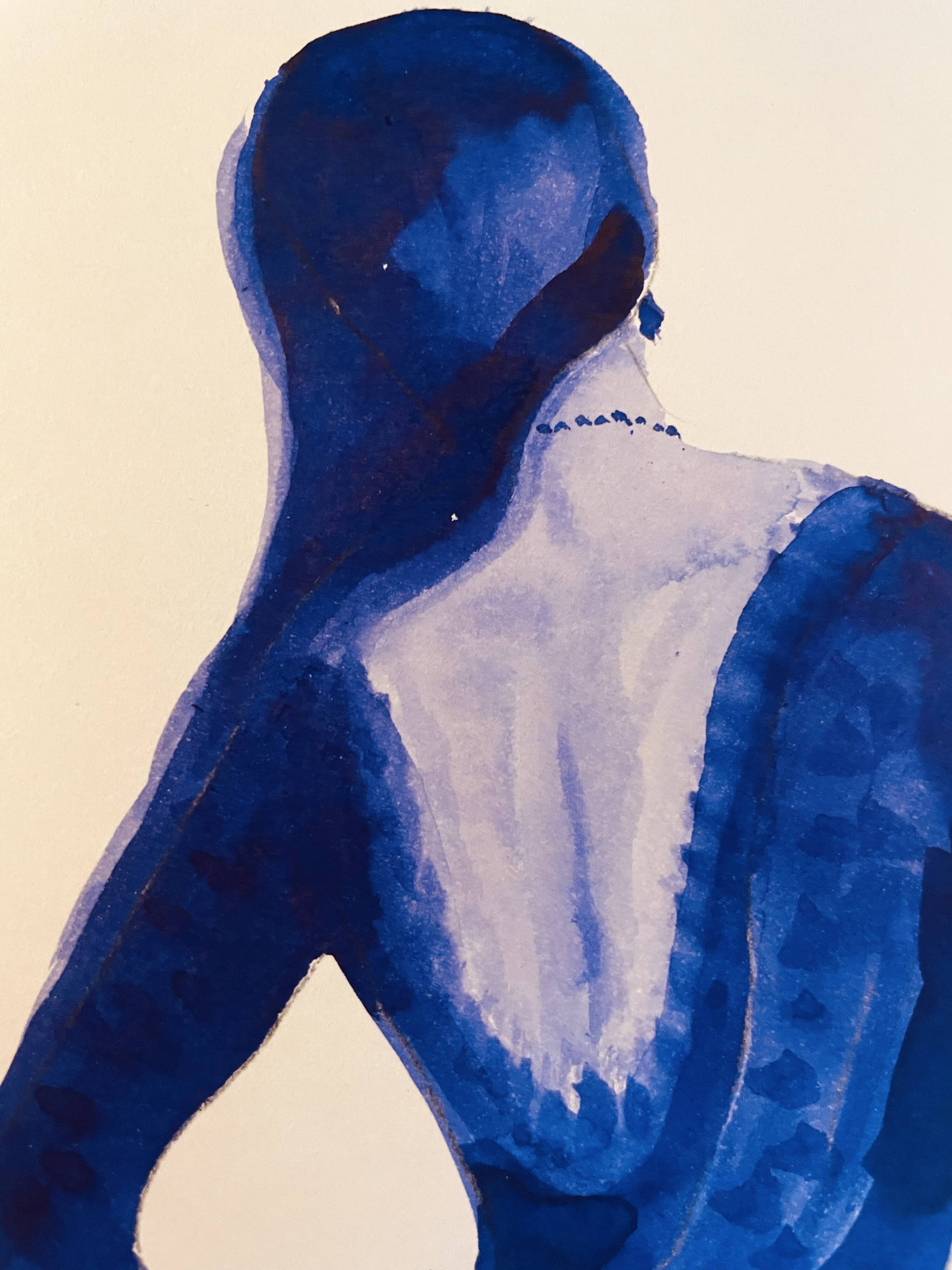 Monochrome indigo watercolour portrait of a woman "the indigo dress"