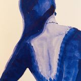 Monochrome indigo watercolour portrait of a woman "the indigo dress"
