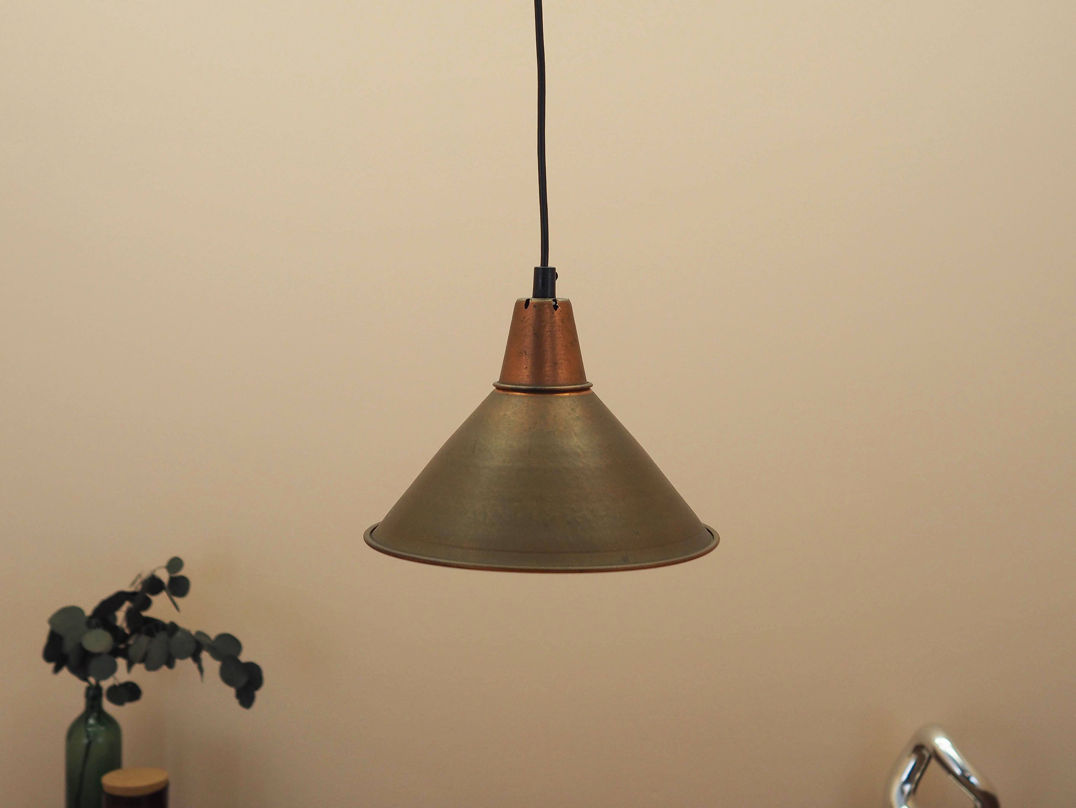 Danish Brass Pendant Lamp, Industrial Cone Shade, 1960s