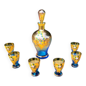 Carafe vintage en verre de Murano fait main - Or 24K - Bleu clair, ensemble de 6 pièces pour spiritueux