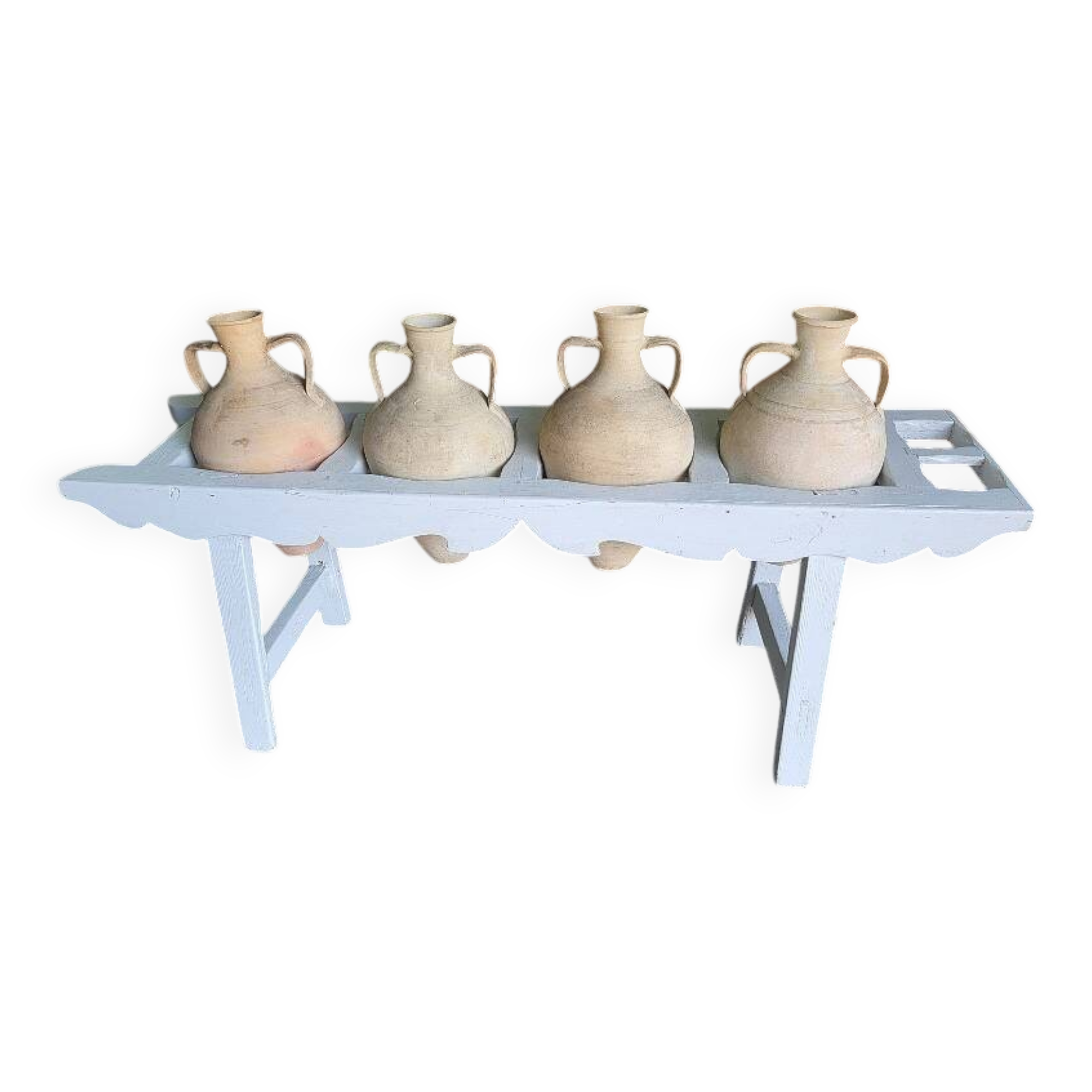 Antique painted wooden jar holder with 4 earthenware jars