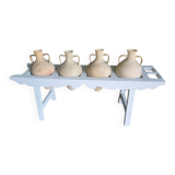 Antique painted wooden jar holder with 4 earthenware jars