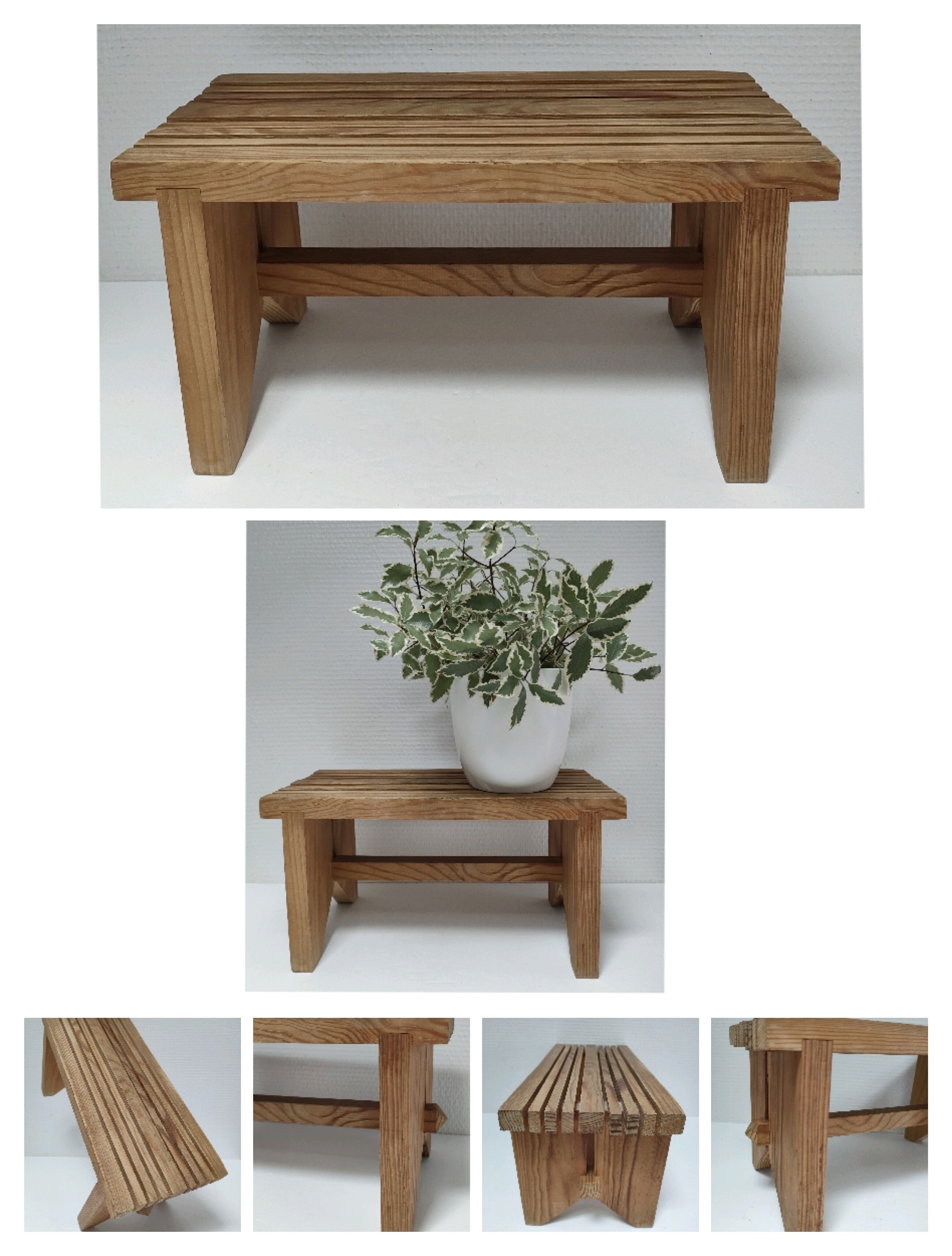 Vintage solid pine slatted low stool