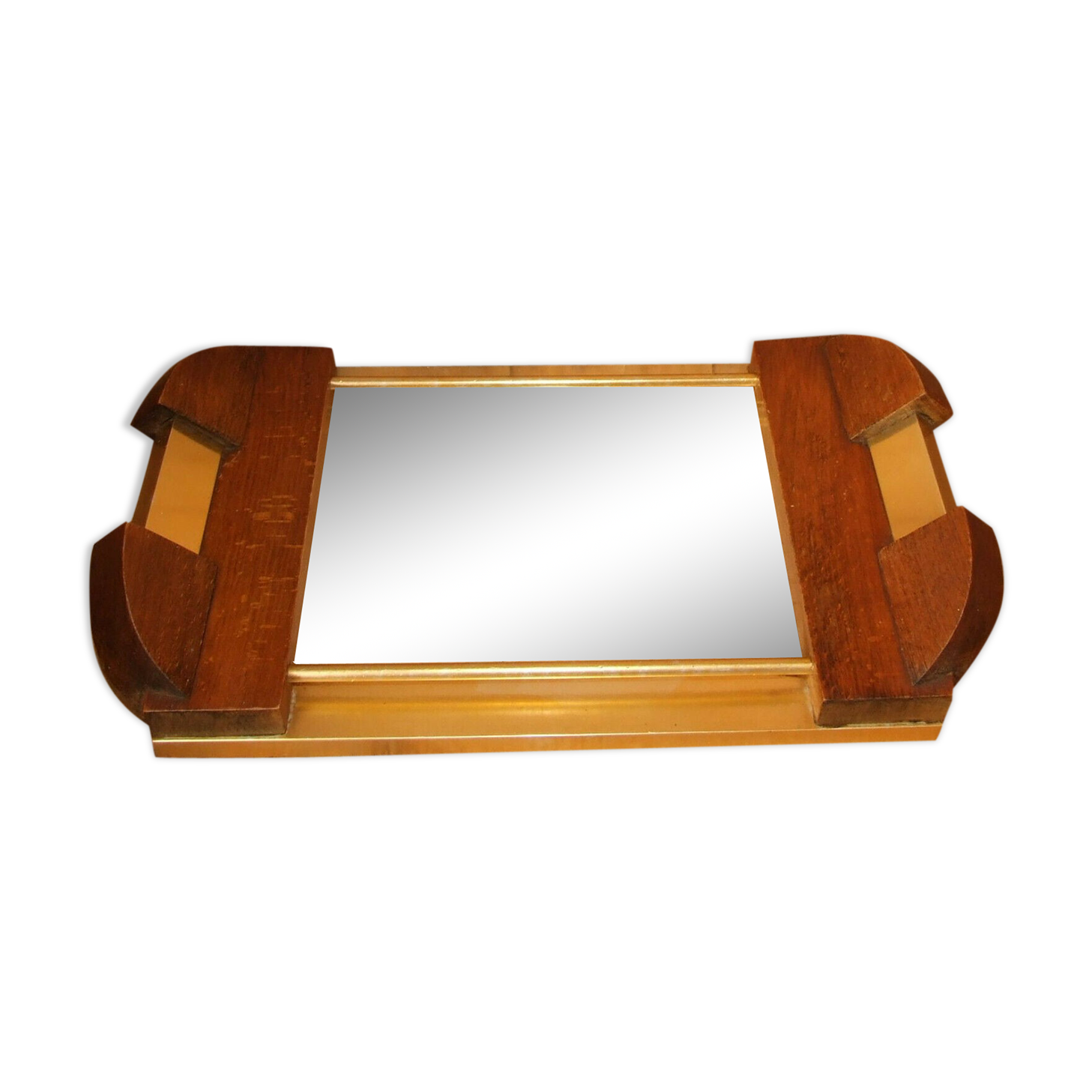 Golden aluminum wooden tray & rectangular mirror circa 1950