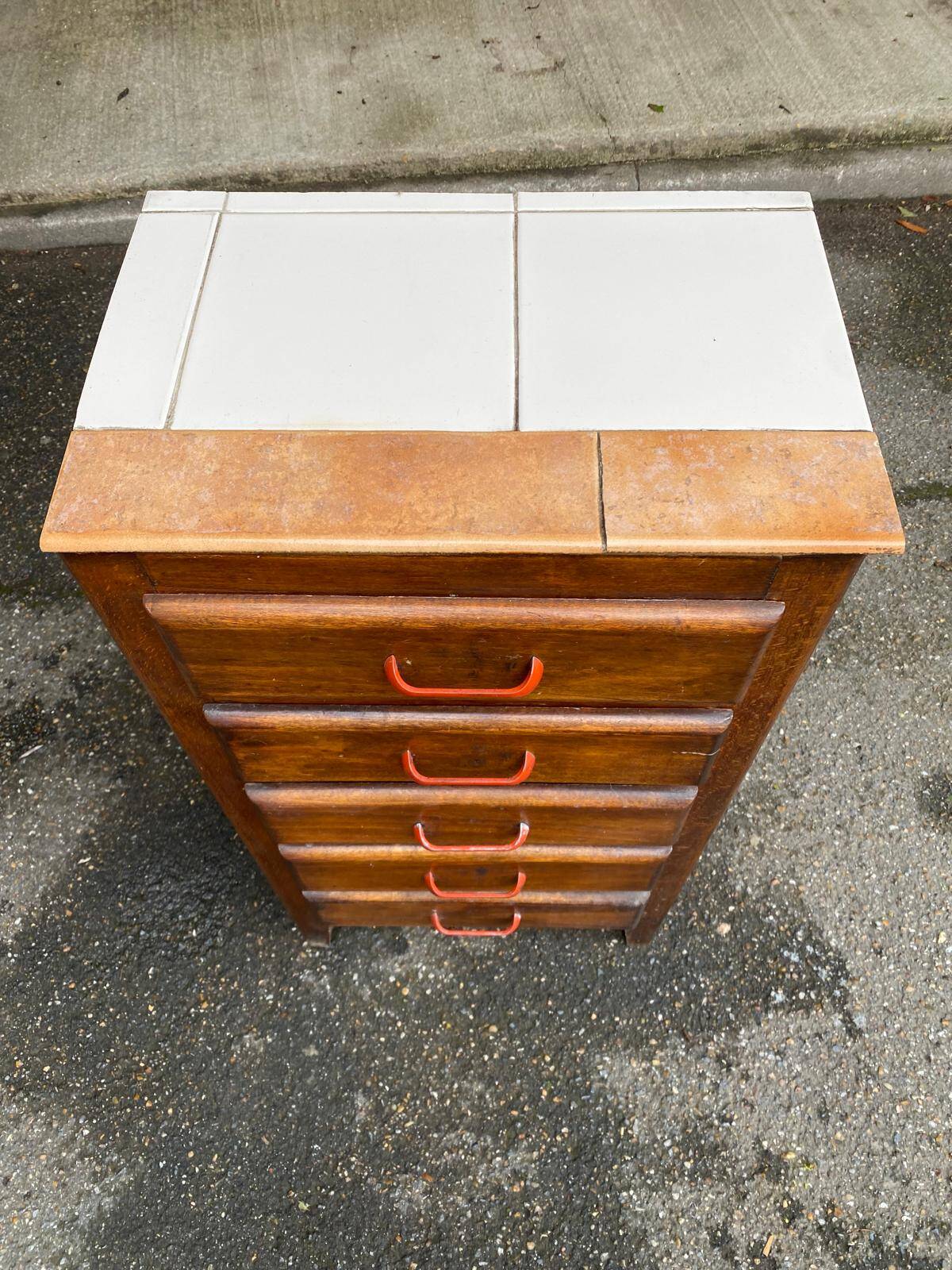 Art Deco chest of drawers in solid wood and tiles with 5 drawers, 1960s