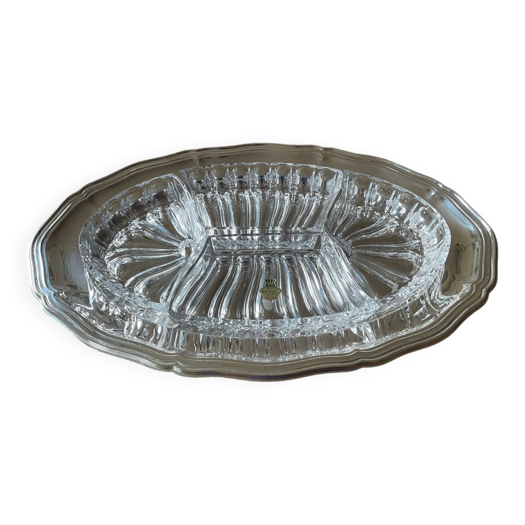 Antique serving dish, aperitif, starters, in Lippert crystal and metal