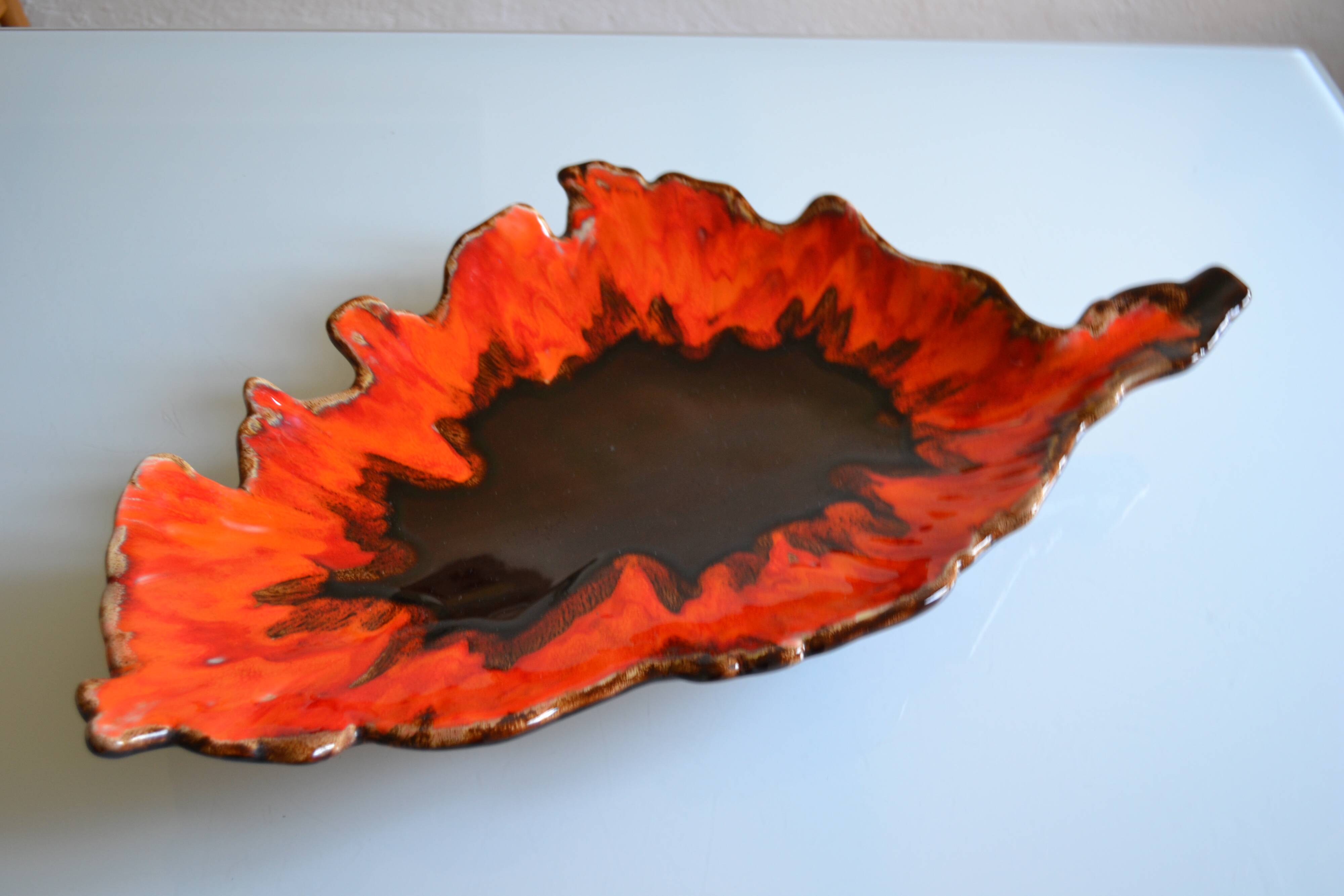 Large ceramic bowl in the shape of Corsica, orange and brown, vintage 70s