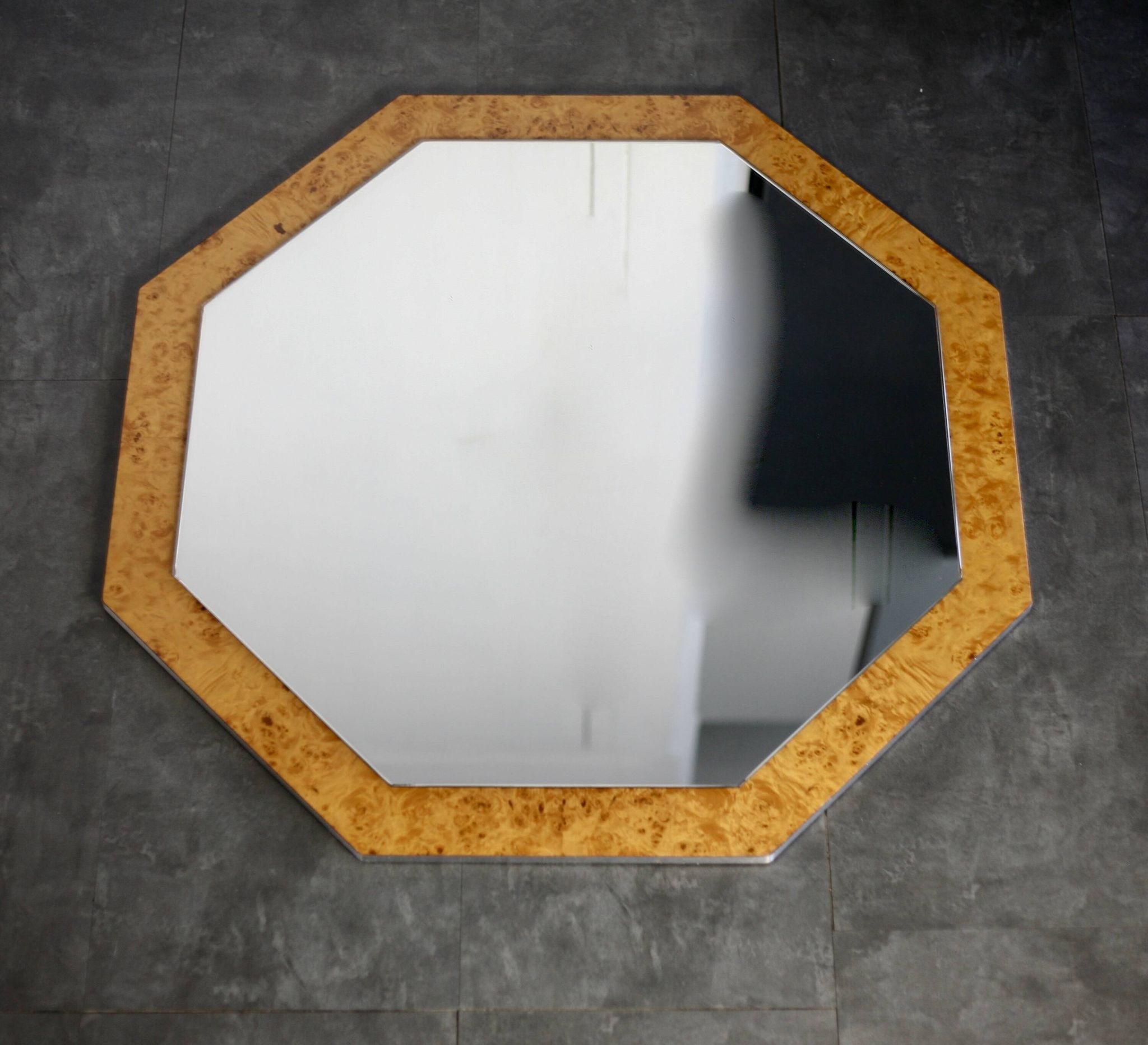 70s mirror, burl wood, metal frame