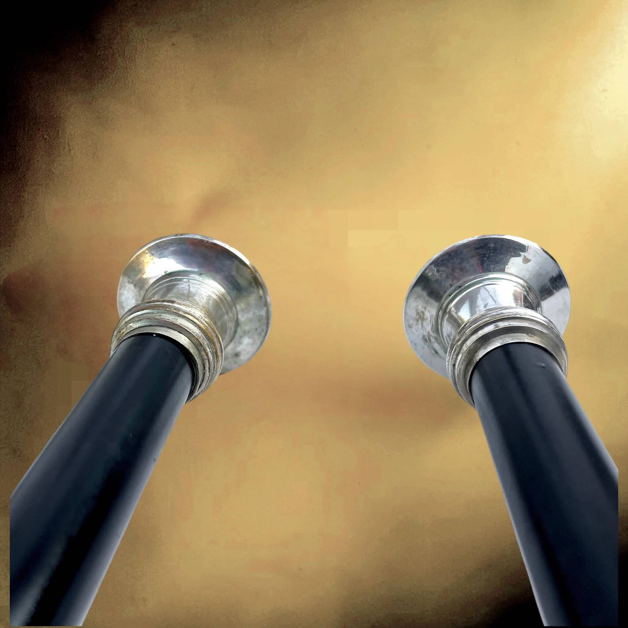 Pair of Art Deco candlesticks in nickel-plated metal and black column – 1930s