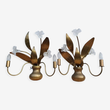 Pair of brass floral sconces and glass flowers