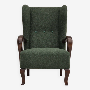 1950s, Danish design, reupholstered high-back wingback chair, bottle green, beech wood.