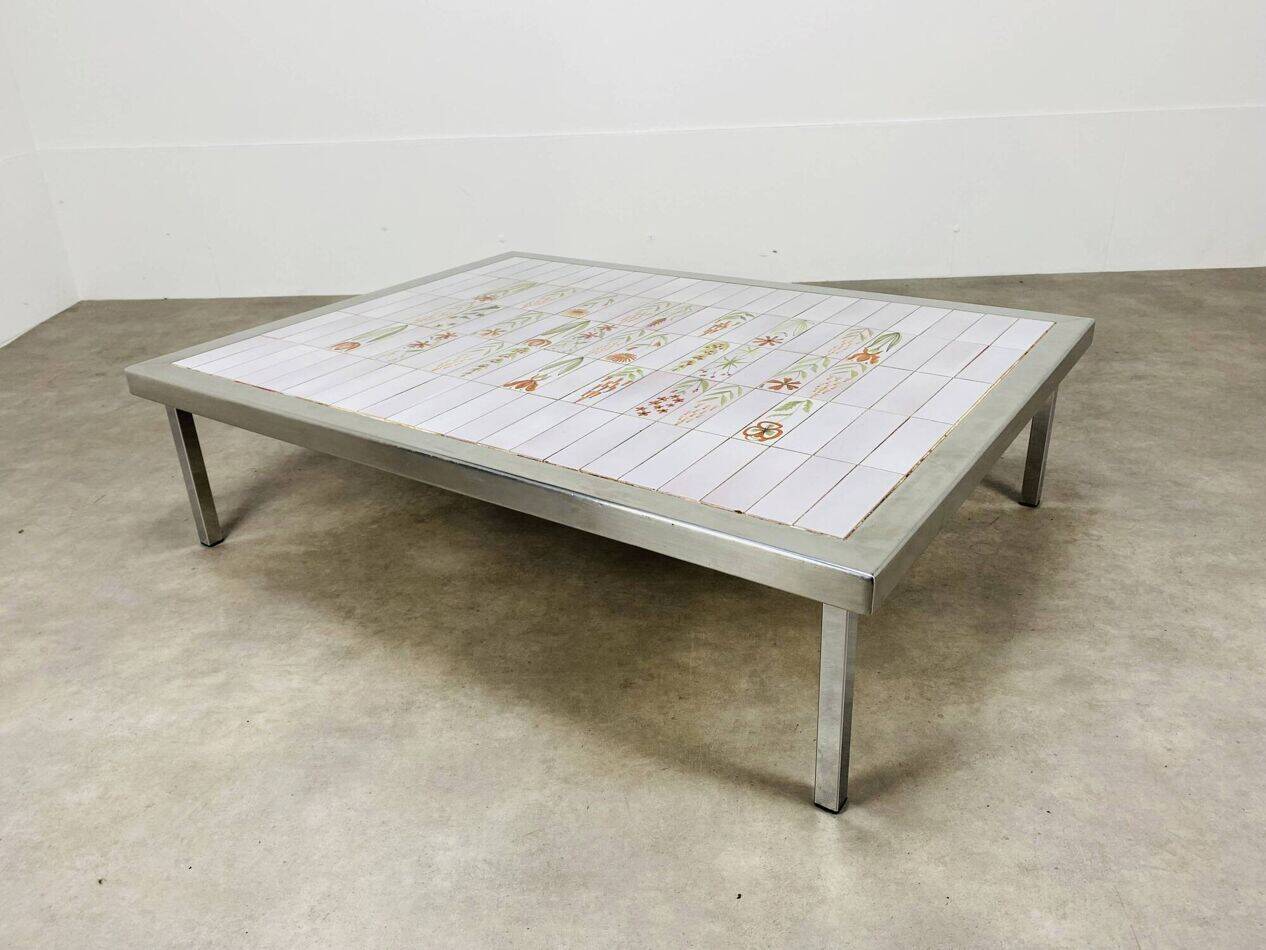 Square ceramic tile coffee table by Roger Capron, flowers, 1950s.