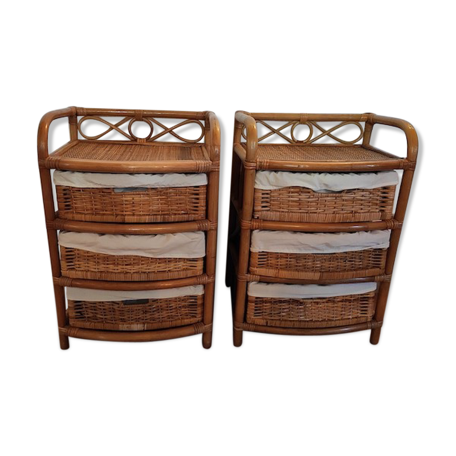 Pair of two vintage rattan and wicker bedside tables - from the 60s/70s