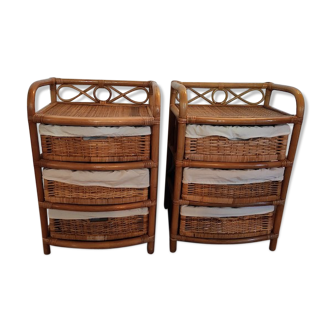 Pair of two vintage rattan and wicker bedside tables - from the 60s/70s
