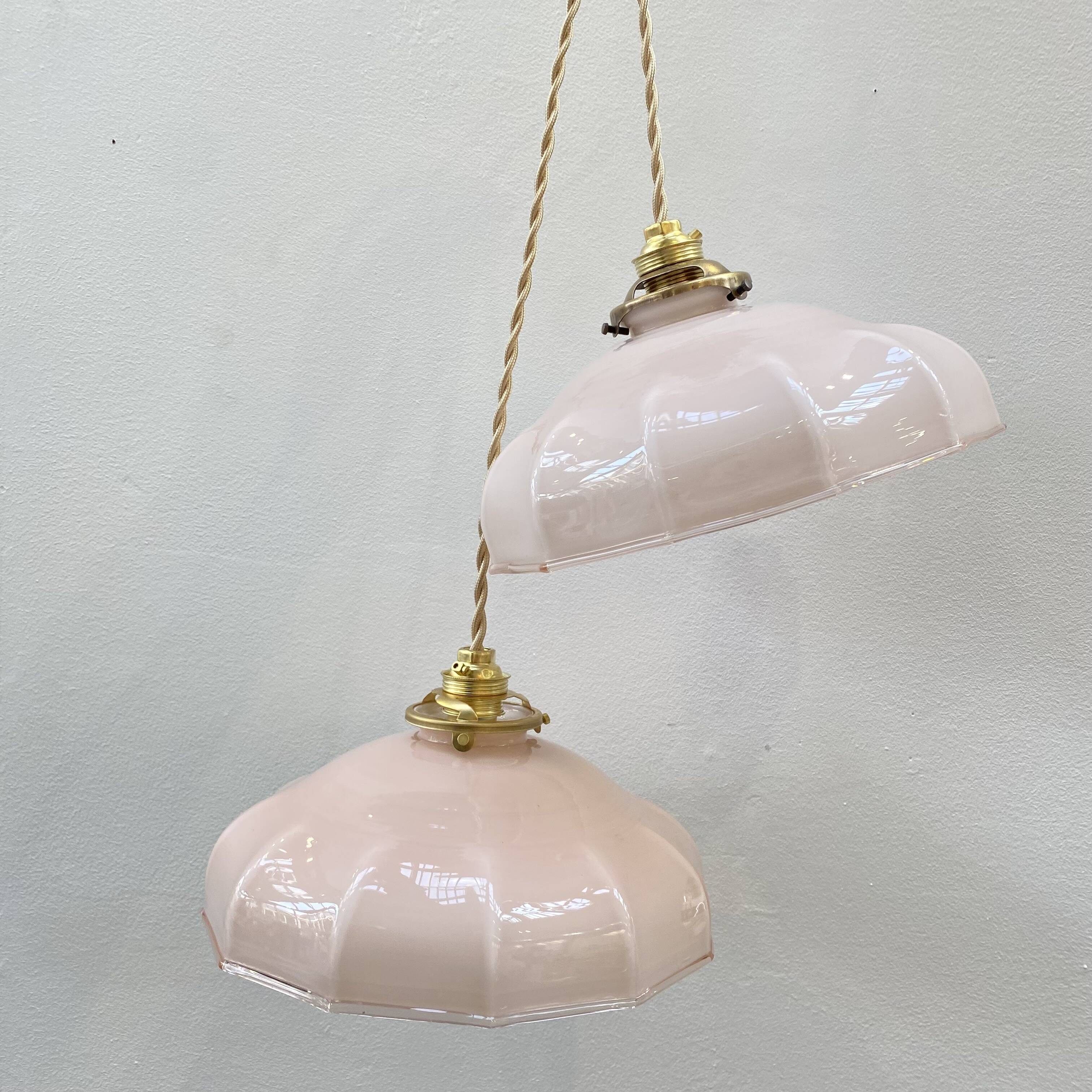 Pair of pale pink opaline pendant lights