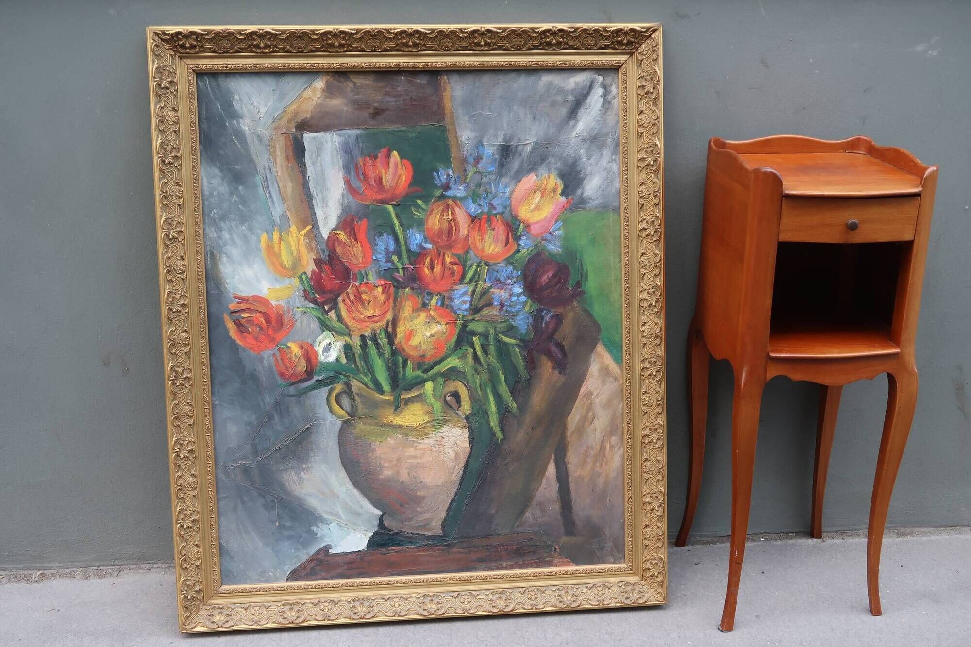 Large old oil painting, Still Life with Tulips, Gilded frame