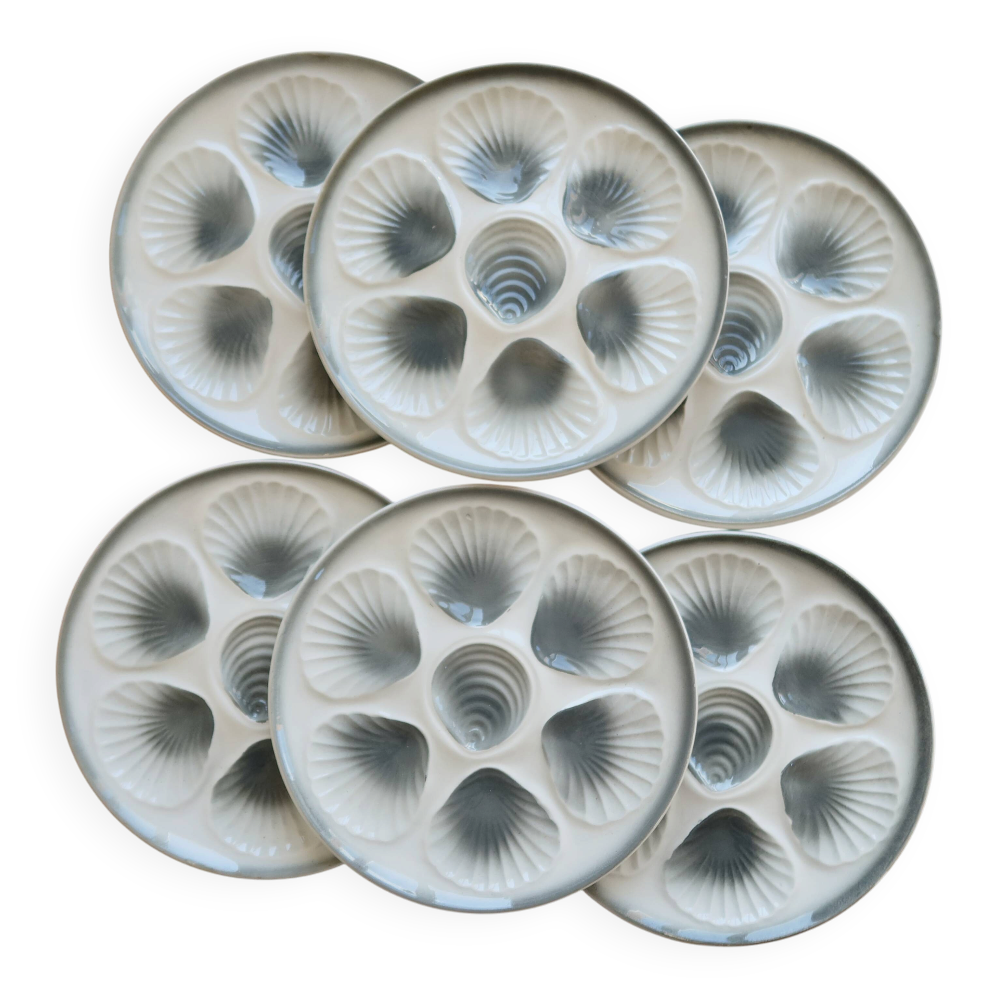 6 assiettes à huîtres vintage Moulin des Loups faïence dégradé bleu gris