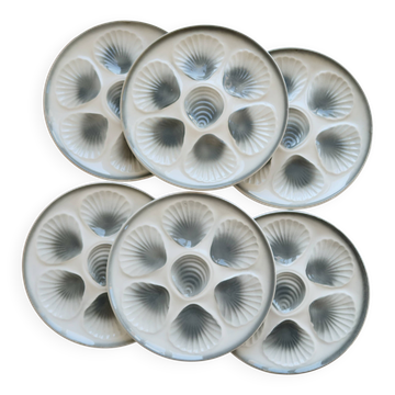 6 vintage oyster plates Moulin des Loups earthenware in blue-grey gradient