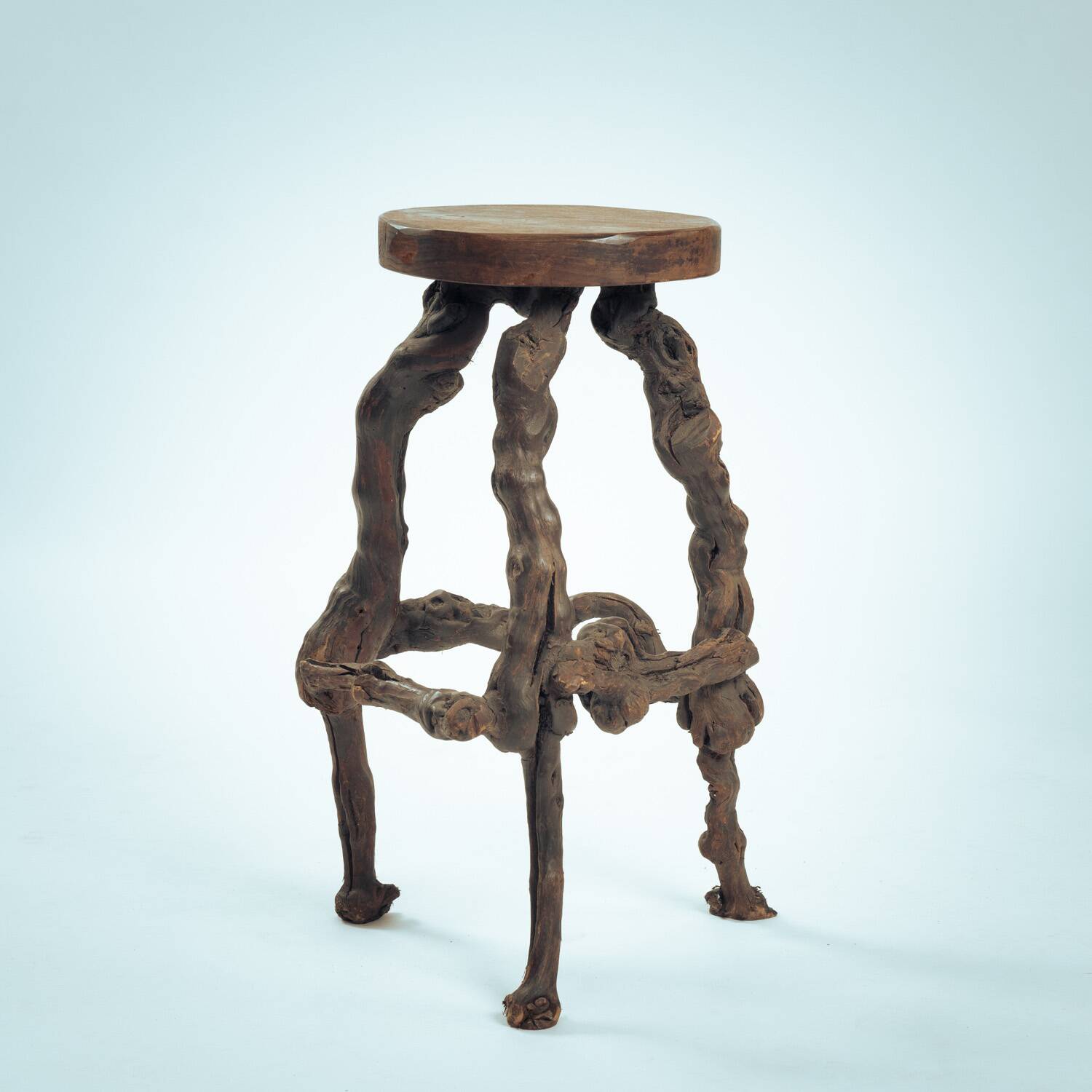 4 Tripod Bar Stools in Vine Wood and Oak, Handmade, France, 1950s