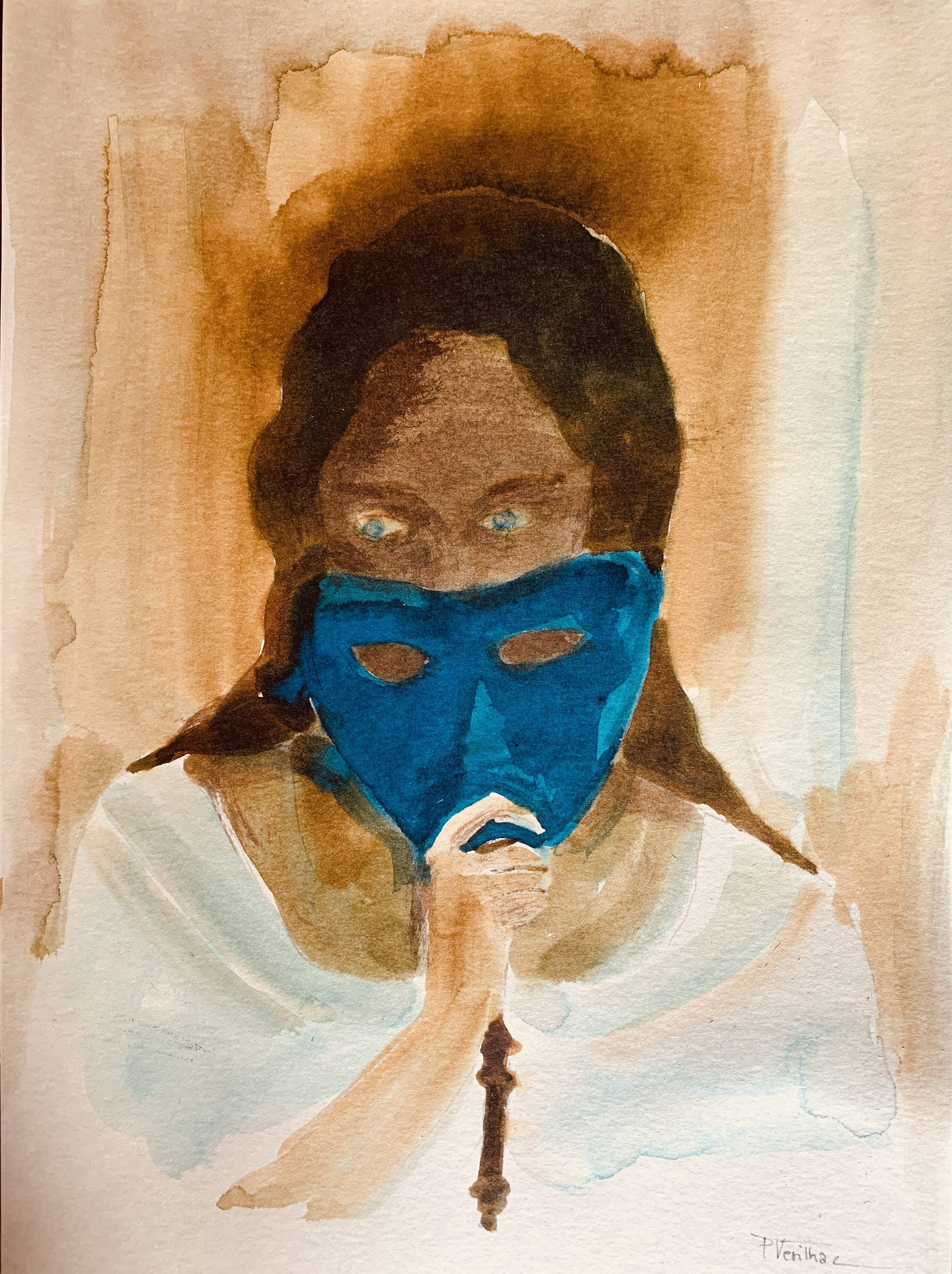 Signed painting of a female portrait at the Carnival of Venice "the blue mask"