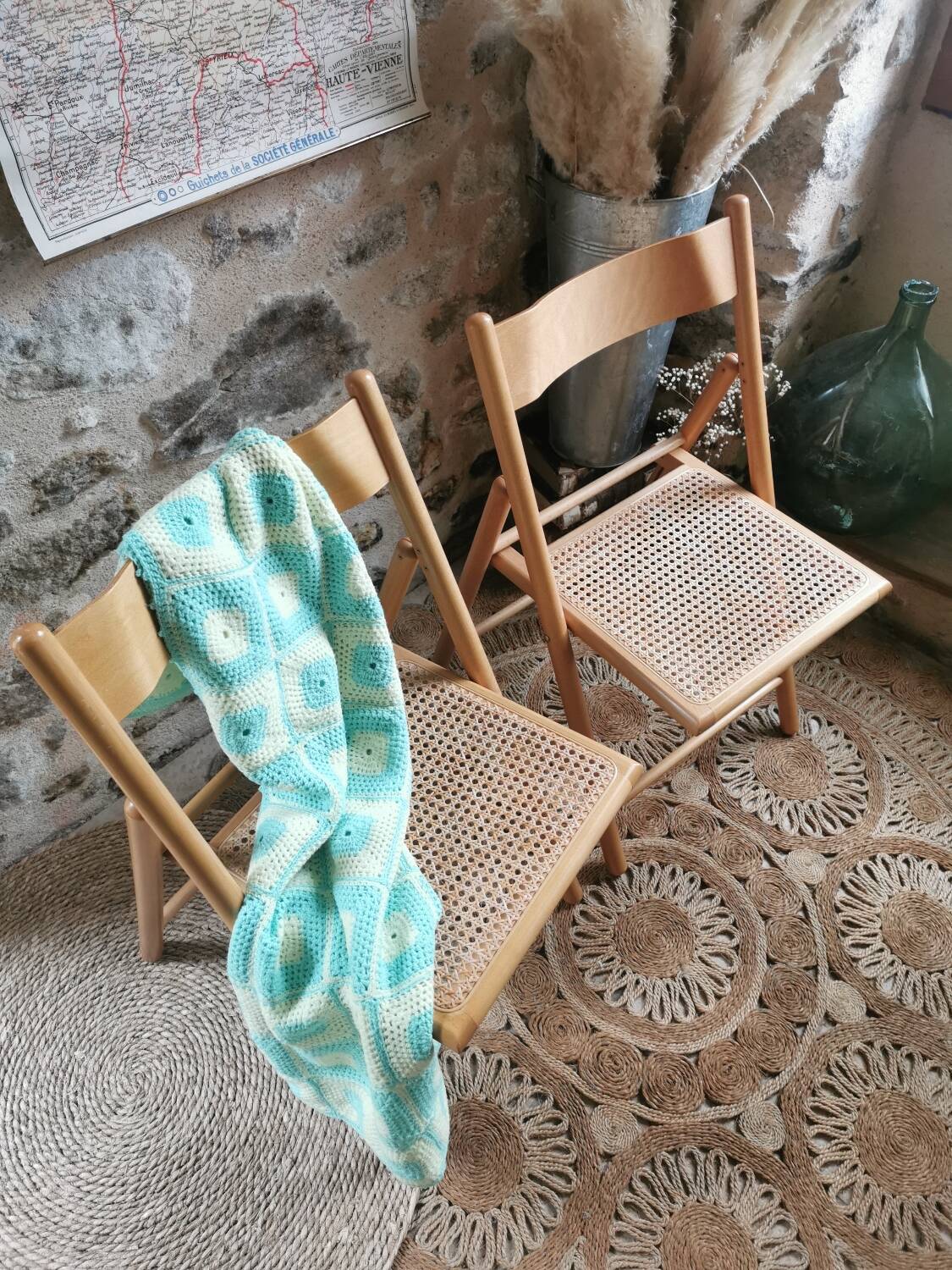 2 Vintage Folding Chairs, Beech and Rattan Canework
