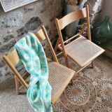 2 Vintage Folding Chairs, Beech and Rattan Canework