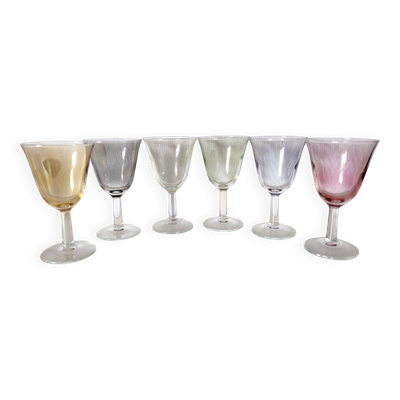 série de 6 verres à vin cuit , digestif multicolore nacré Arlequin