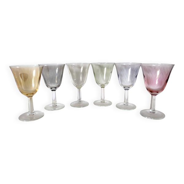 série de 6 verres à vin cuit , digestif multicolore nacré Arlequin