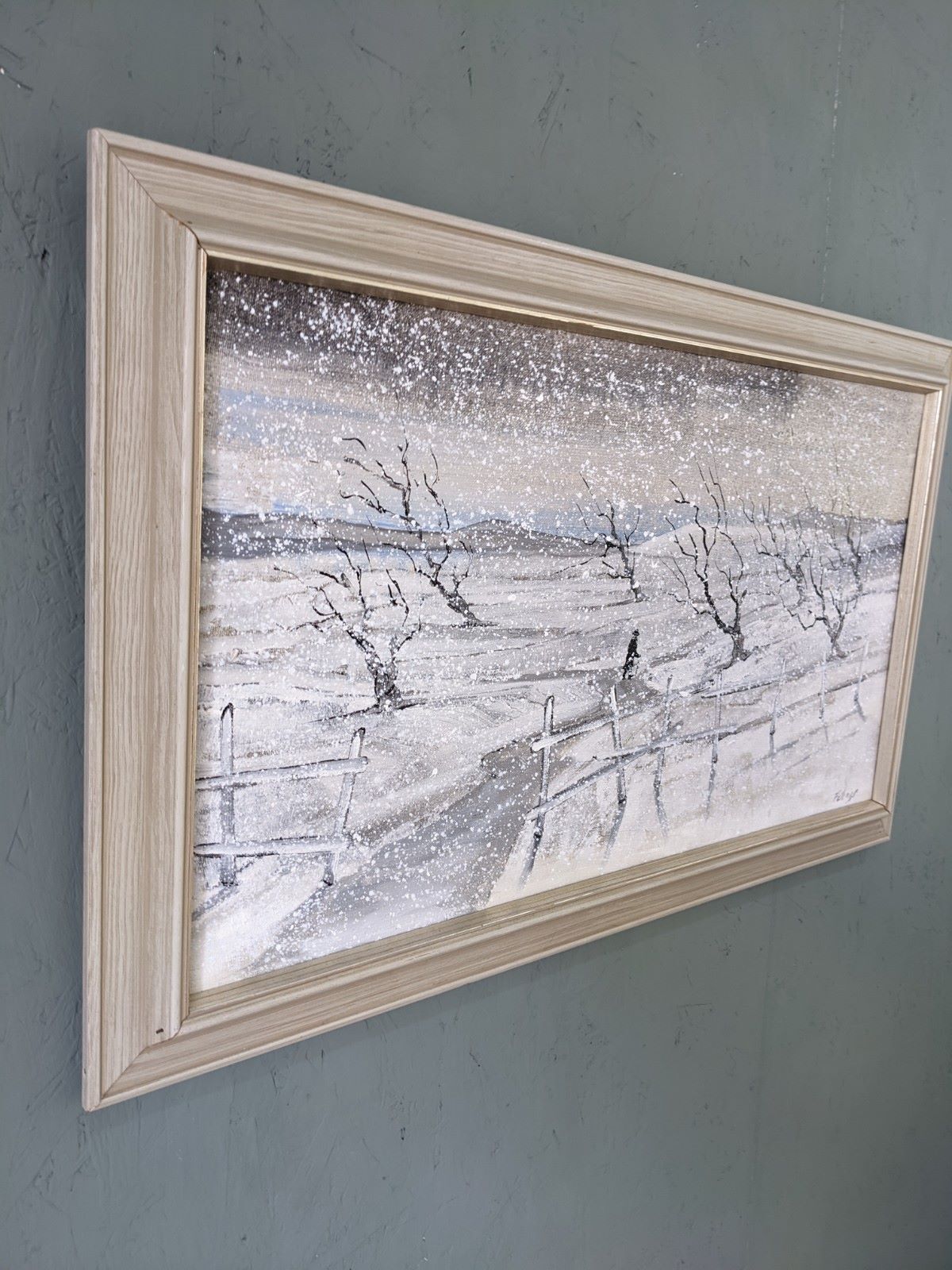 Mid-Century Modern Swedish "Snowfall" Vintage Winter Landscape Oil Painting, Framed
