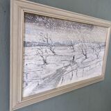 Mid-Century Modern Swedish "Snowfall" Vintage Winter Landscape Oil Painting, Framed