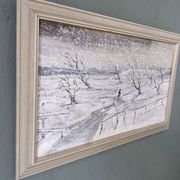 Mid-Century Modern Swedish "Snowfall" Vintage Winter Landscape Oil Painting, Framed