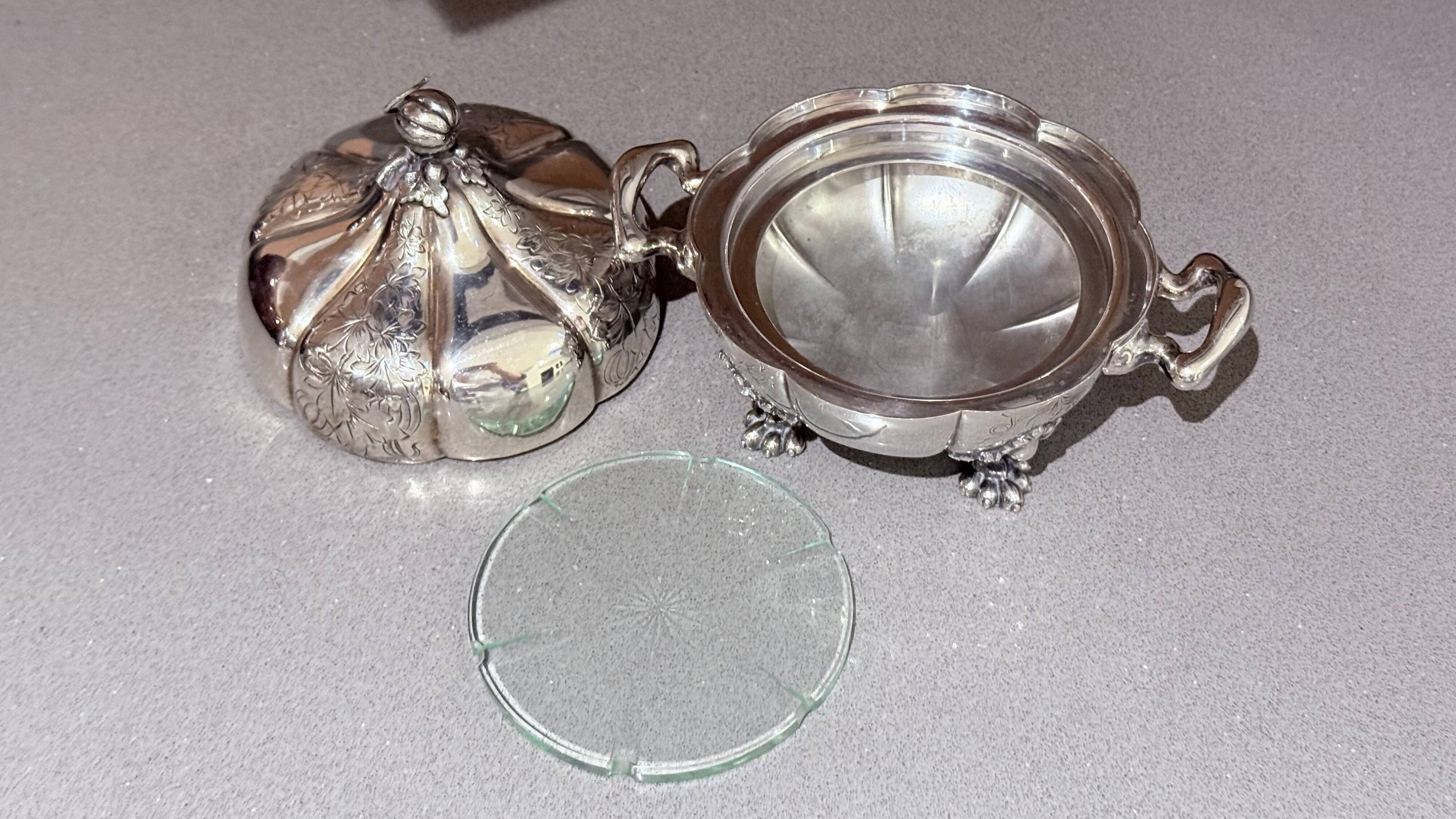 Antique Decorative Caviar Dish Caviar Serving, Silver Quadruple Plate Lid, Spoon