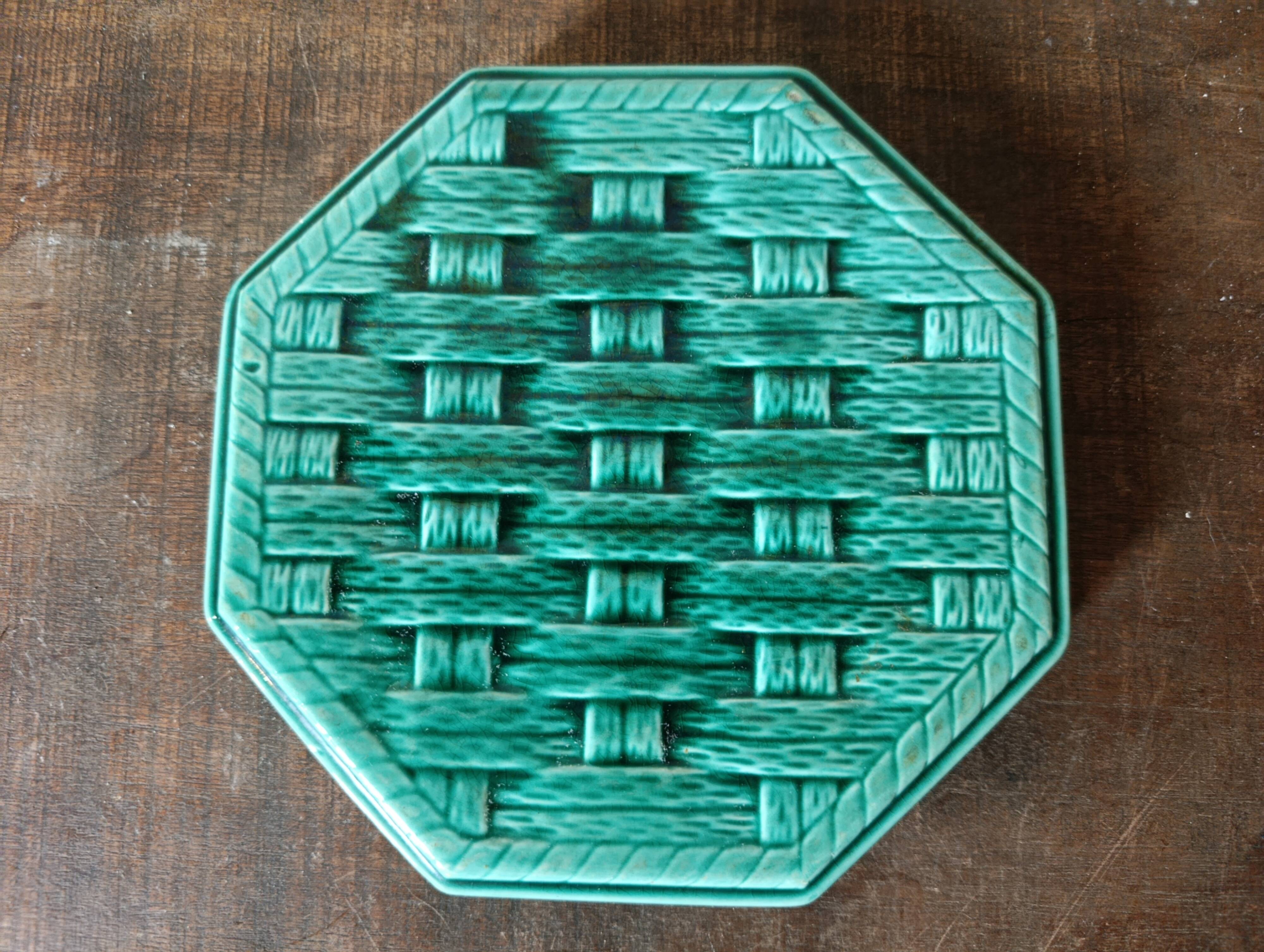 Vintage Digoin France emerald green majolica trivet and coaster set