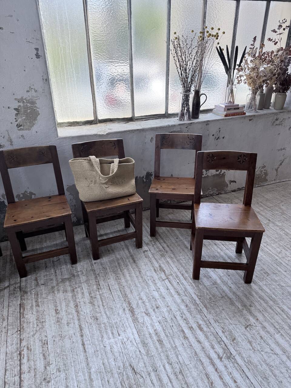 Set of 4 Savoyard pine folk art chairs from the 1950s.