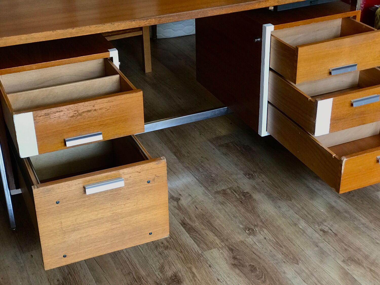 Vintage teak and stainless steel desk with two pedestals
