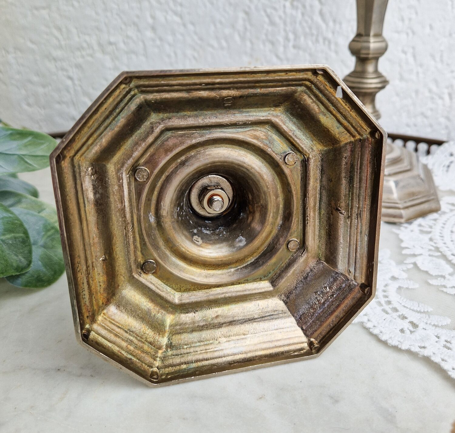 Pair of neo classical style candle holders in silver metal