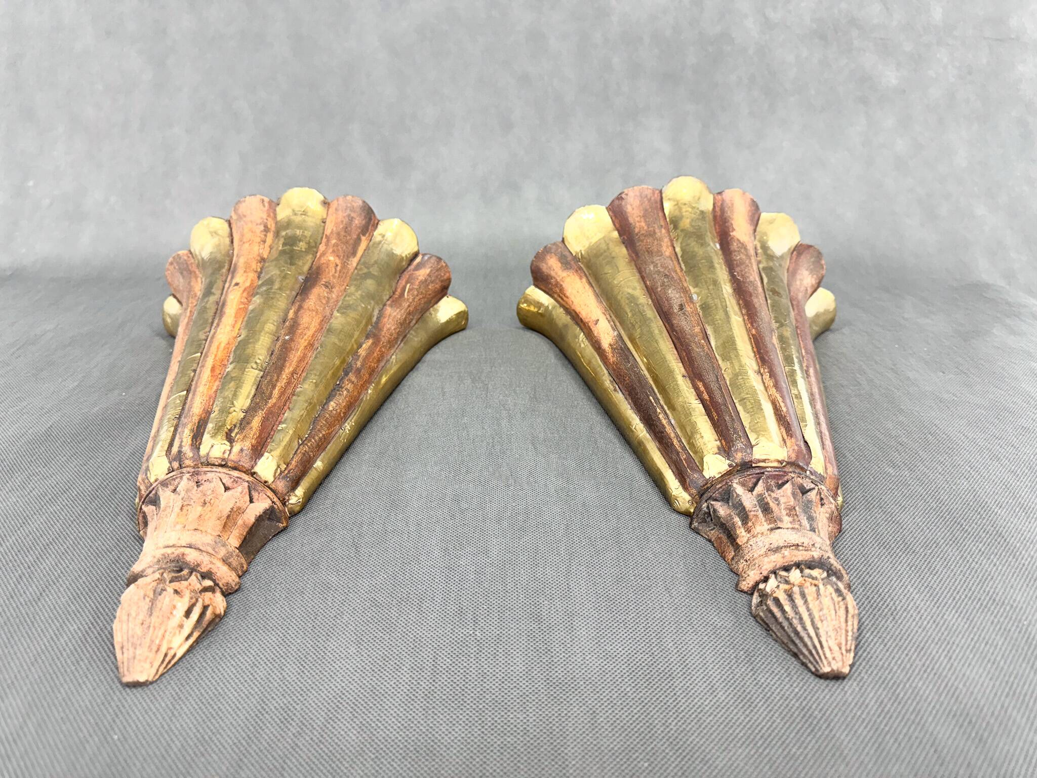 Antique Wood & Brass Wall Lights, France