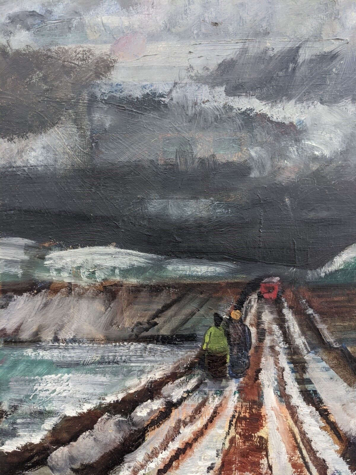 Vintage mid century modern winter landscape framed oil painting - the long road