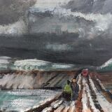 Vintage mid century modern winter landscape framed oil painting - the long road