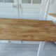Farm table, leg and belt patinated pearl gray, waxed top medium oak.