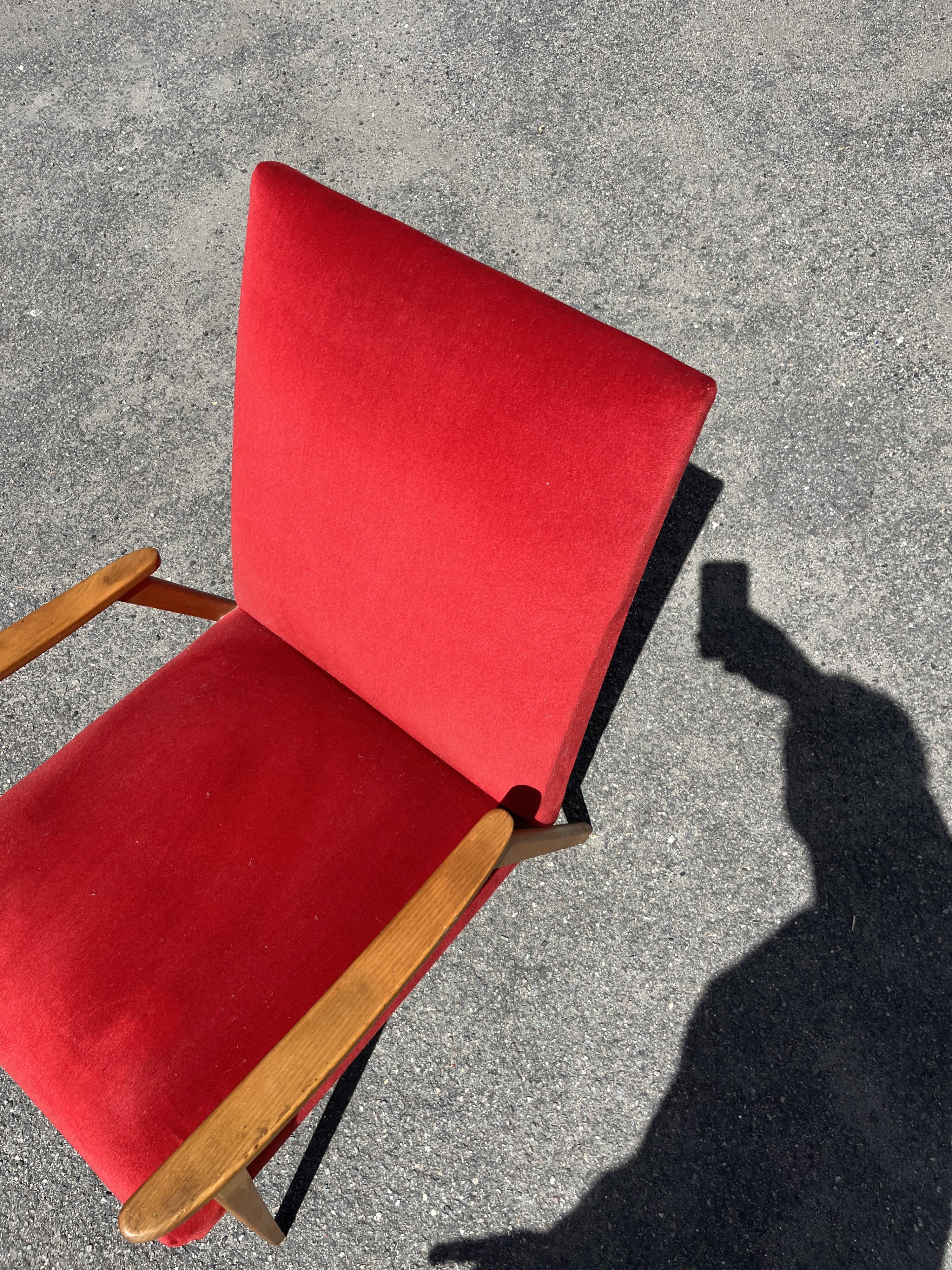 Vintage Armchair 50s/60s Scandinavian Style - Red Velvet and Compass