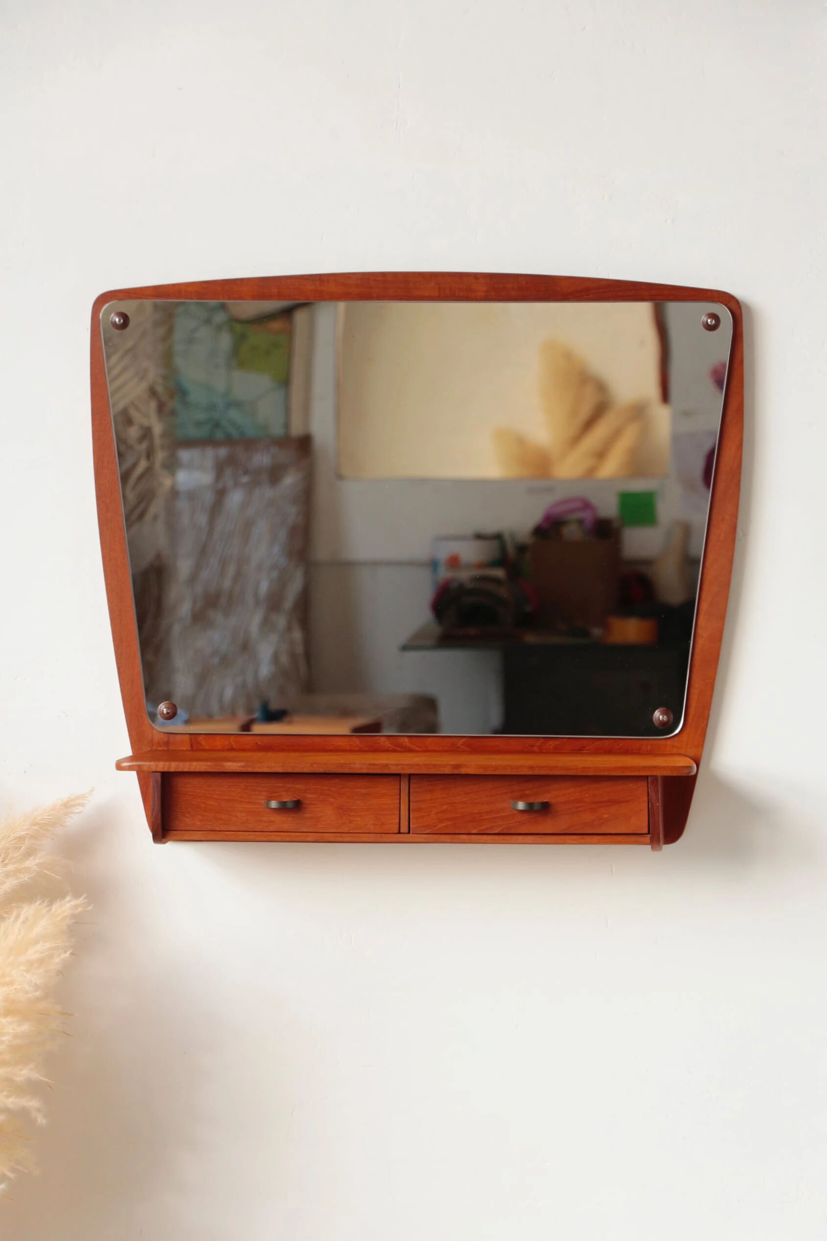 Scandinavian wall mirror in teak with drawers – mid-century Danish design