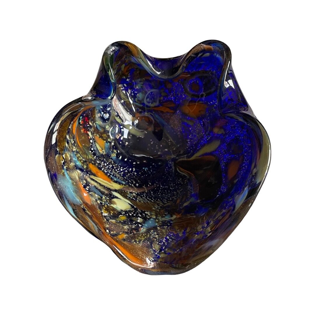Dark blue Venetian glass ashtray with sulfurized multicolored decoration