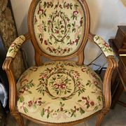 Louis XVI style medallion armchair with floral needlepoint tapestry