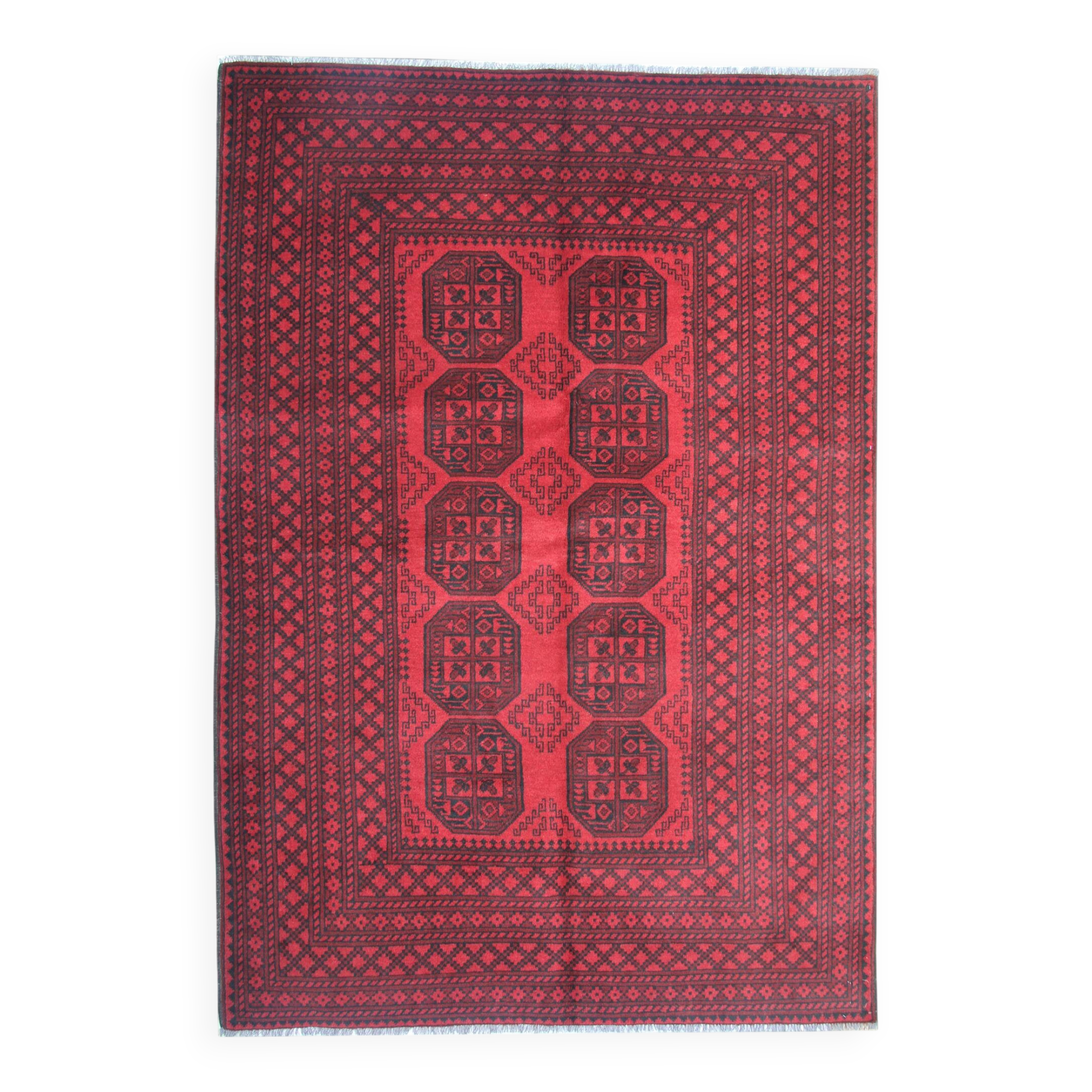 Red Burgundy Wool Handmade Afghan Rug, Large Geometric Carpet 164 x 237 cm