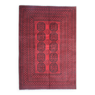 Red Burgundy Wool Handmade Afghan Rug, Large Geometric Carpet 164 x 237 cm