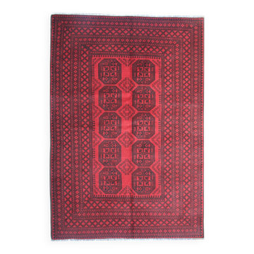Red Burgundy Wool Handmade Afghan Rug, Large Geometric Carpet 164 x 237 cm